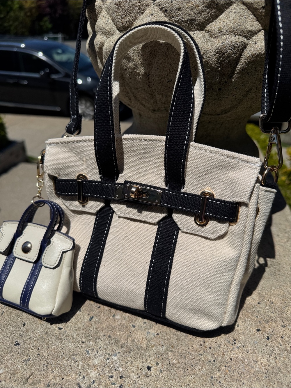 Canvas Mini Tote with Removable Mini Bag - Cream & Black Boatkin Bag NWOT’s